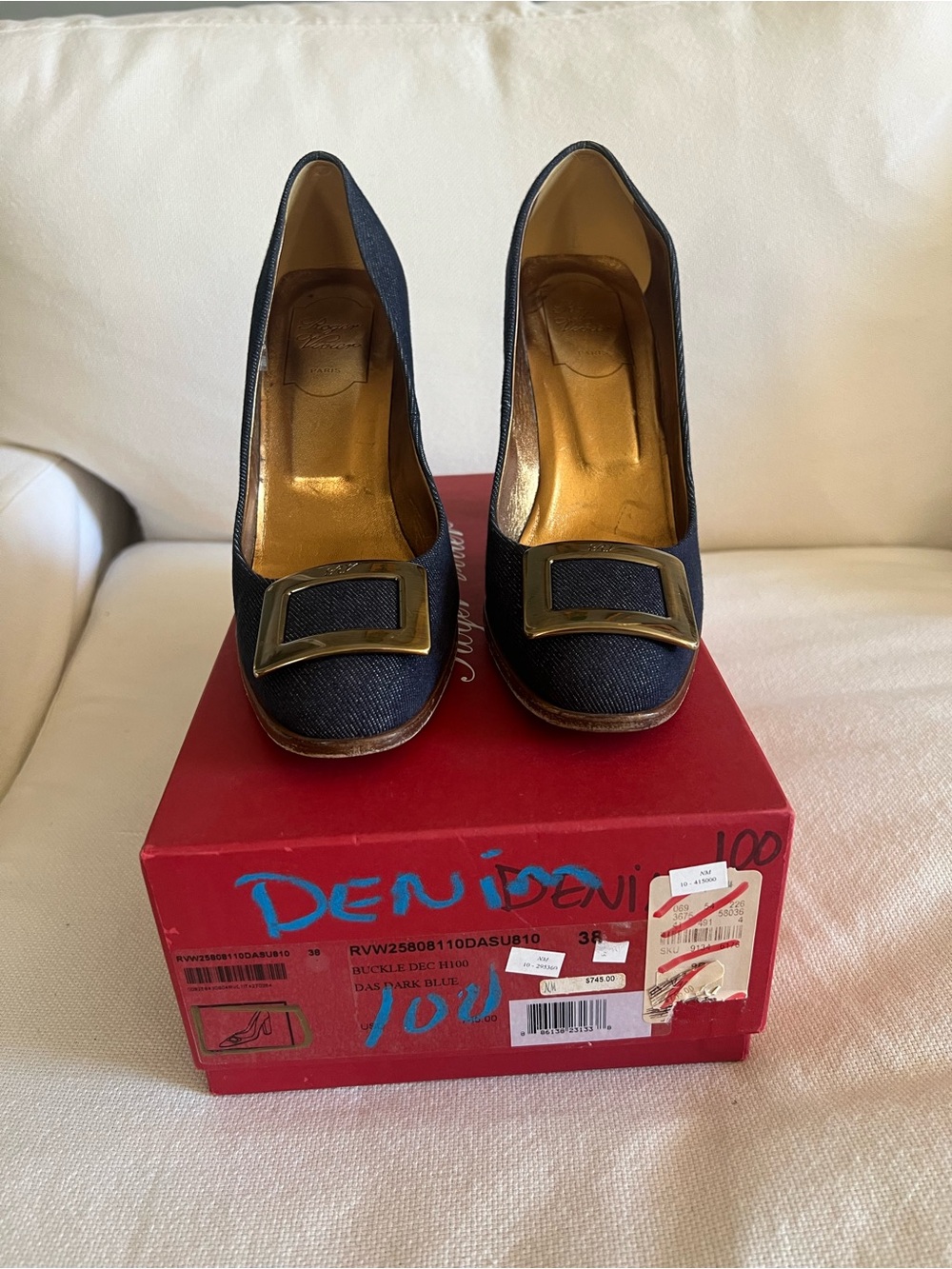 Roger Vivier Dark Blue Denim Pumps with Gold Buckle
